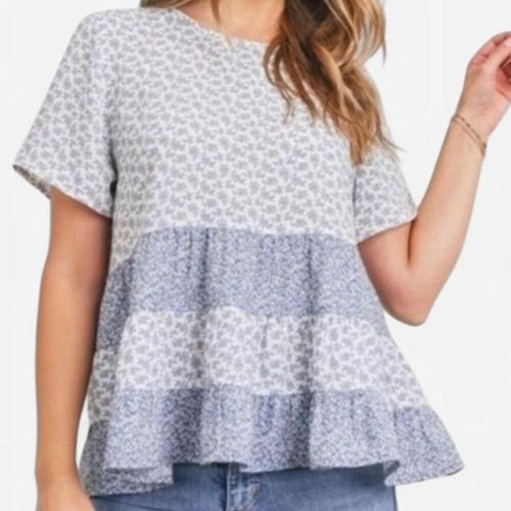 Papercrane Fairy delicate soft Blue floral babydoll top ruffle hem short sleeve